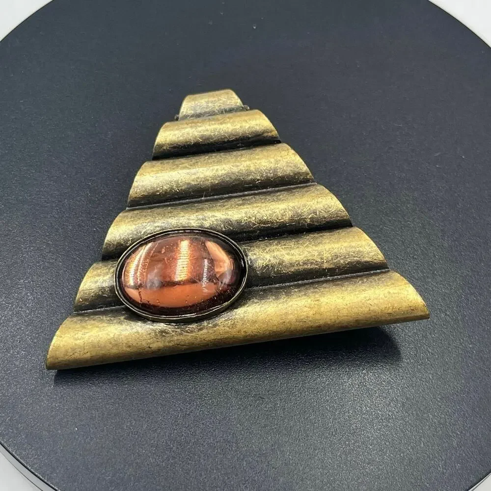 Brass Pin Brooch Tubes Triangle Red Oval Rhinestone 80s Retro MCM Vintage Granny